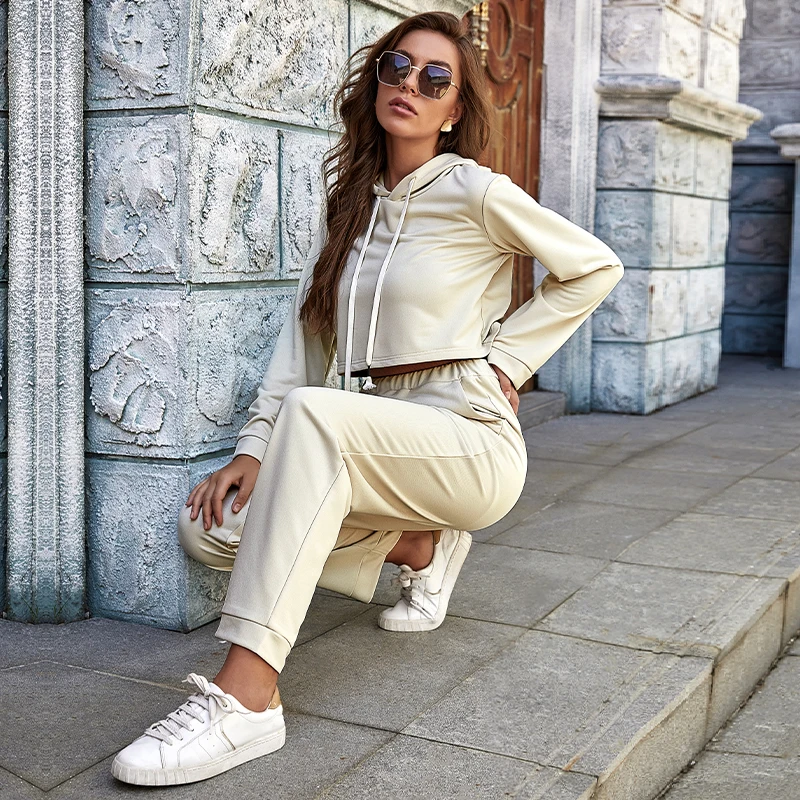 

Women's Casual 2 Piece Outfits Long Sleeve Solid Color Hoodie hoody Crop Top Pants Set Tracksuit fashion Autumn Winter