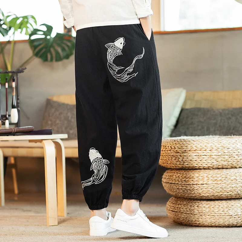 

Chinese-style Cotton Linen Pants Men's 2019 Autumn New Style Casual Pants Trend Large Size Loose-Fit Carp Embroidery Harem Pants