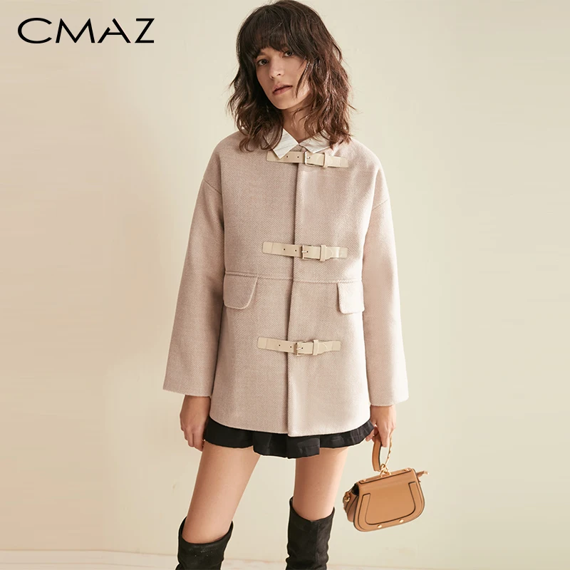 

CMAZ 2019 Autumn Winter Sweety Woolen Coat Fashion Causal Women Soild Turndown Collar Horn Buckle Thick Coat MX18D9533