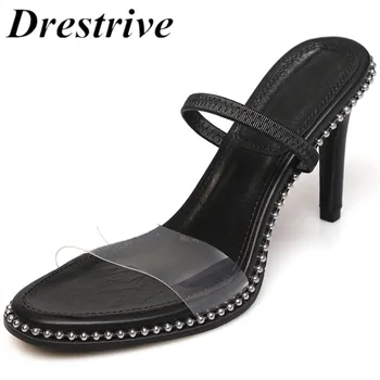 

Drestrive Customized Women Sandals PVC Thin Heels 7 cm Beaded Female High Heel Shoes 2020 Summer Slippers Elastic Band Dress