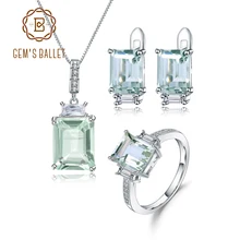 GEM'S BALLET Natural Octagon Green Amethyst Earrings Ring Pendant Set Real 925 Sterling Silver Gemstone Jewelry Set For Women