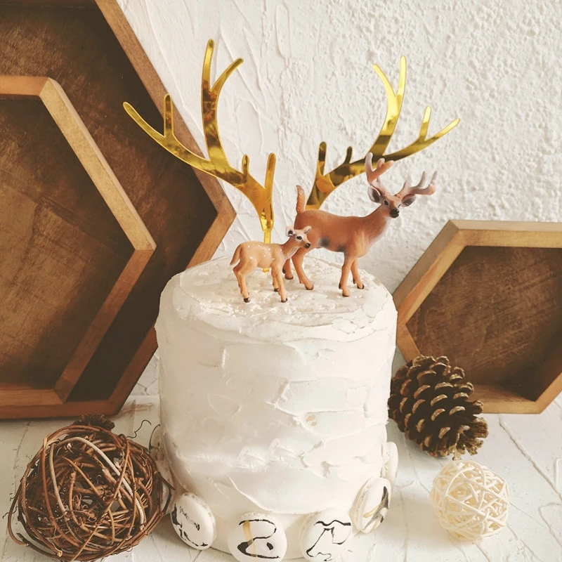 2Pcs/set Merry Christmas Cake Toppers Gold Silver Deer Elk Antlers Cake Topper for new year Party Handmade Cake Gift Decoration