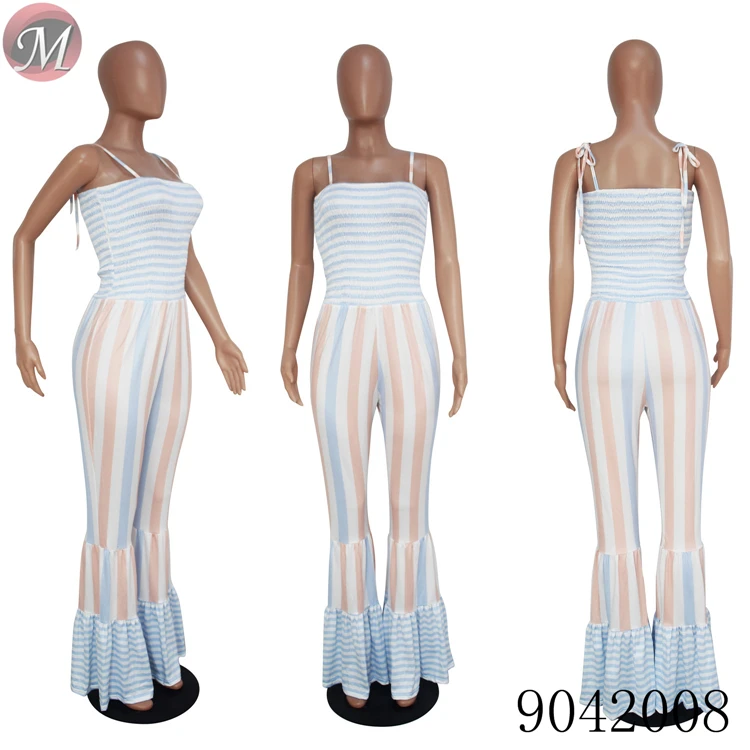 9042008 Sexy suspender smocking stitch flared women long jumpsuit