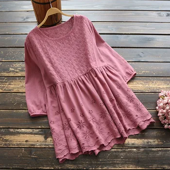 

7464 New Spring Women Blouse Literary Embroidery Solid Color O-Neck Tops Loose Casual Cotton Blouse Women