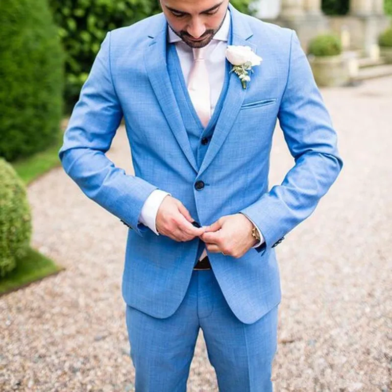 126Blue Groom Tuxedos Notch Lapel Groomsman Wedding 3 Piece Suit Fashion Men Business Prom Party Jacket Blazer(Jacket+Pants+Tie+Vest)