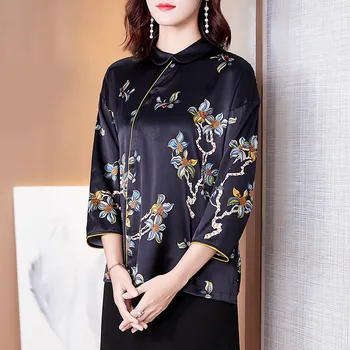 

Improved Cheongsam Silk Top Women's 2020 Autumn Fashion New Model Chinese-Style Frog Printed Silk Blouses Female Loose Shirts