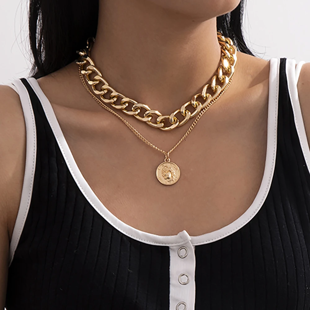 

Lacteo Steampunk Carved Coin Pendant Necklace for Women Hip Hop Multi Layered Thick Chunky Chain Choker Necklace Female Collier