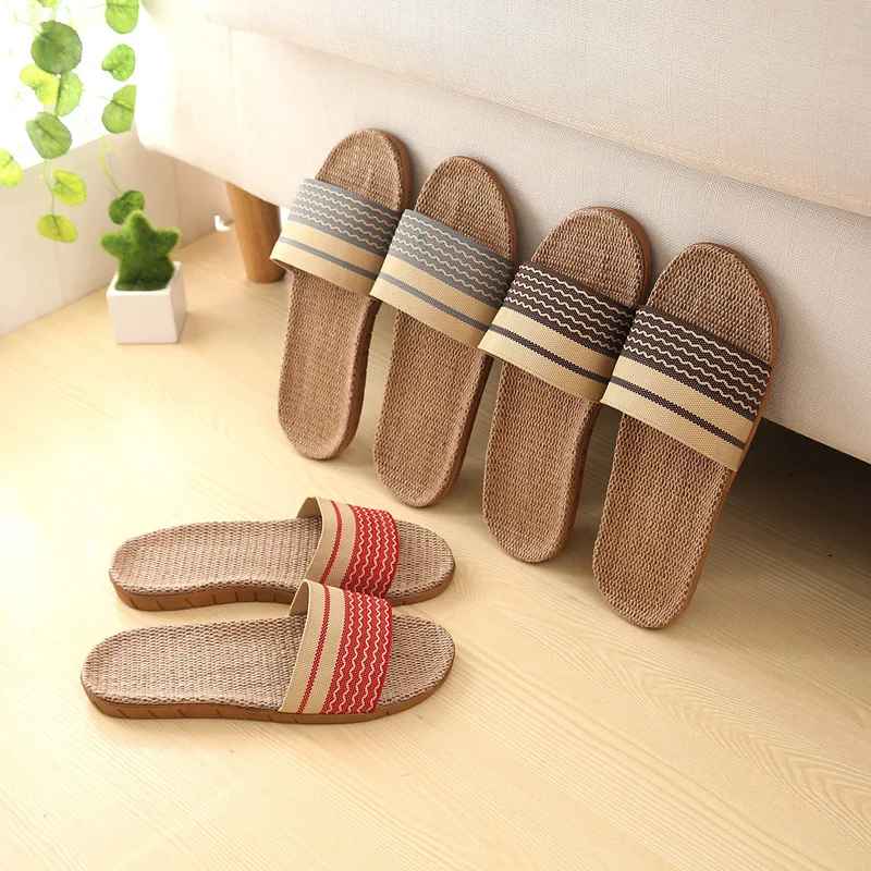 

Summer Linen Slippers Household Men And Women Korean-style Couples Home Sandals Indoor Thick Bottomed Anti-slip Wood Floor Four