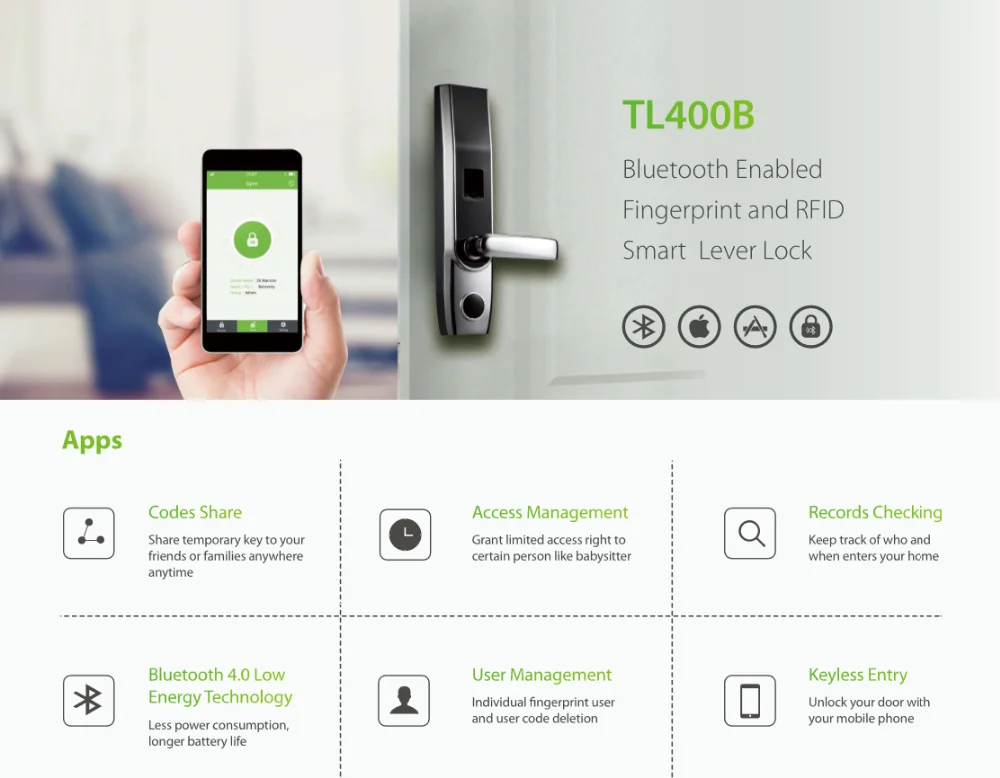 Отпечаток пальца/Пароль/карта/ключ/смартфон дверной замок с Bluetooth связь TL400B