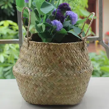 

Aihome Storage Basket Rattan Straw Basket Wicker Seagrasss Folding Laundry Flower Pot Flower Vase Home Hanging Basket