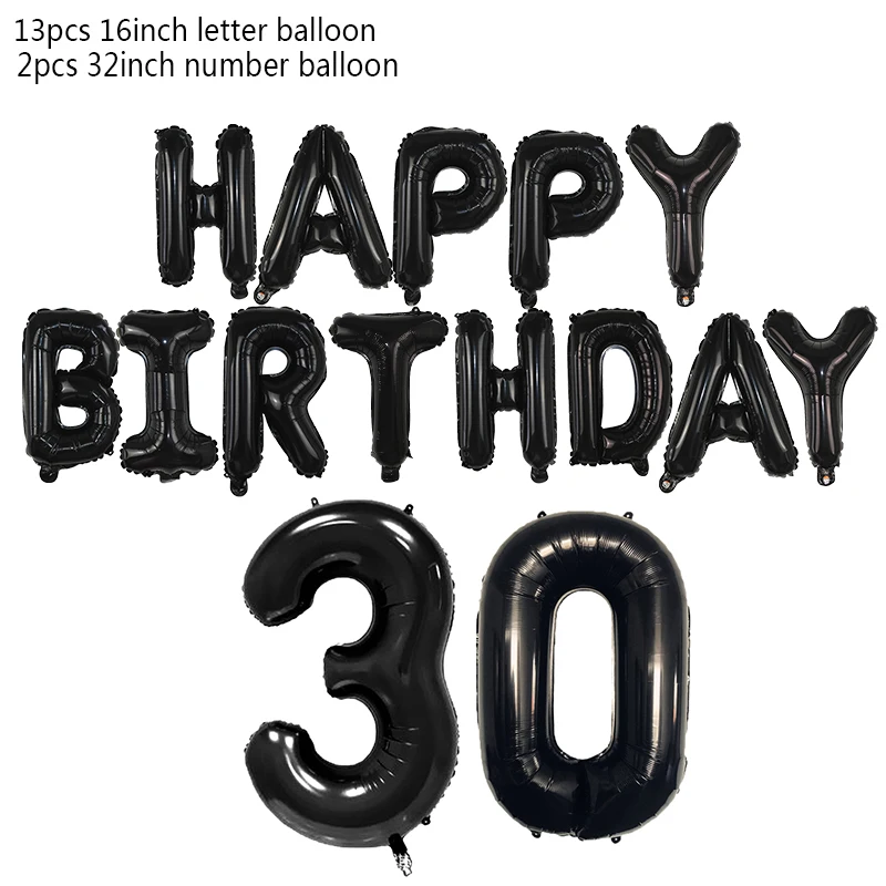 15 шт. фольгированные воздушные шары с цифрами и буквами для дня рождения, украшения для взрослых, 21, 30, 40, 50 лет, баллоны с гелием, воздушные шары, шары на день рождения - Цвет: Black Set 30