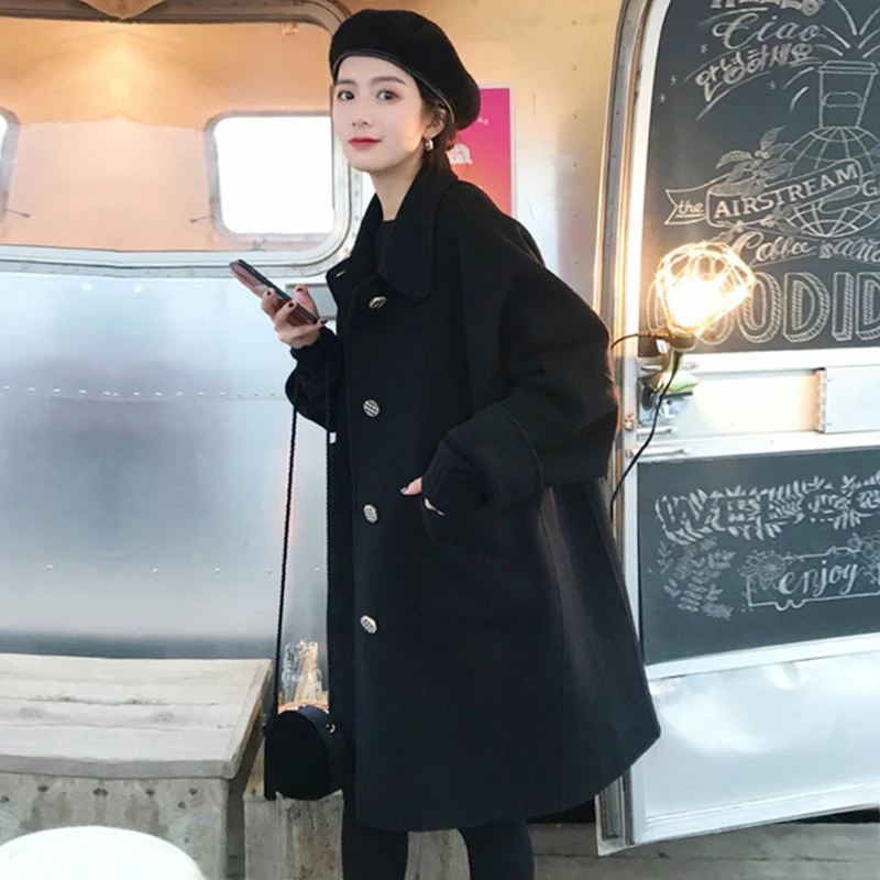 Осенне-зимнее модное толстое шерстяное пальто с квадратным рукавом, женское свободное однобортное шерстяное пальто