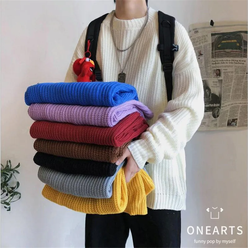 Men s color Sweater Pullover Round Neck Solid Color Loose Casual Autumn Winter Lazy Wind Trend 1