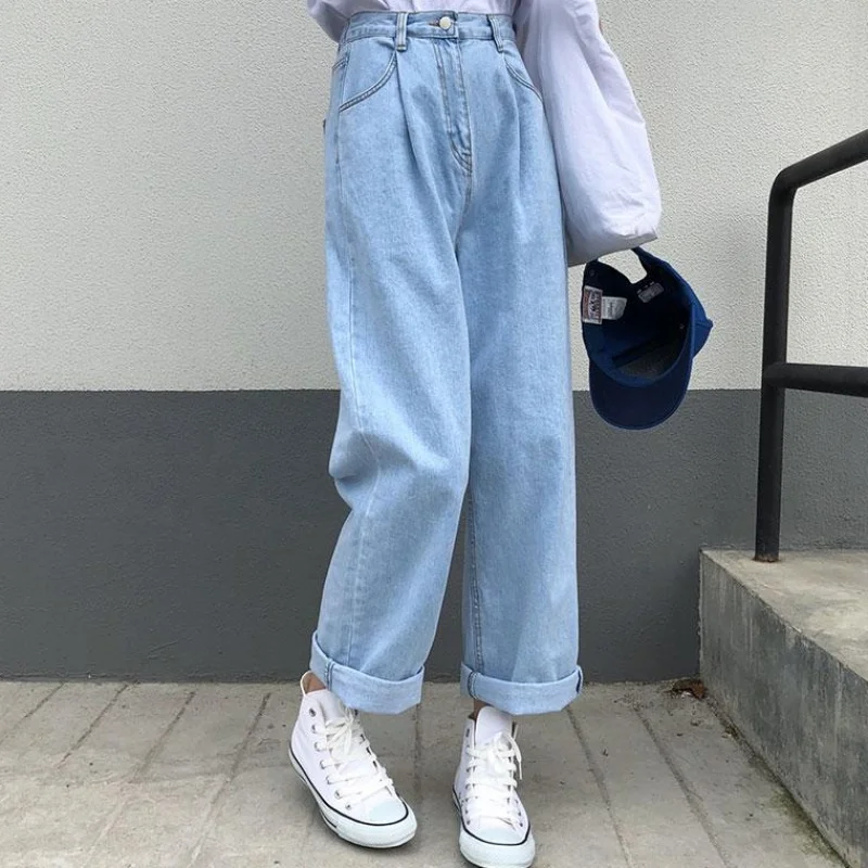 Women's jeans large size elastic waist curling nine points loose loose slim thin harem daddy wide leg pants women jeans ladies jeans summer korean version of the large size hole high waist nine points jeans loose and thin wide leg daddy plus size