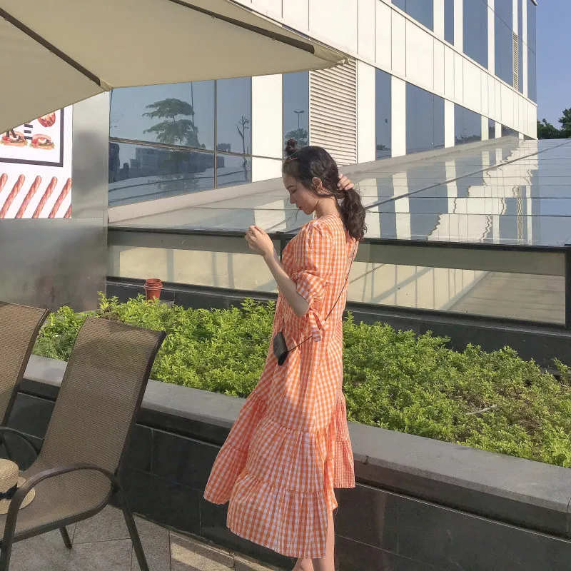 Limiguyue fashion plaid patchwork long summer dress korea chic patchwork drawstring dresses vestidos ruffles beach holiday Y167