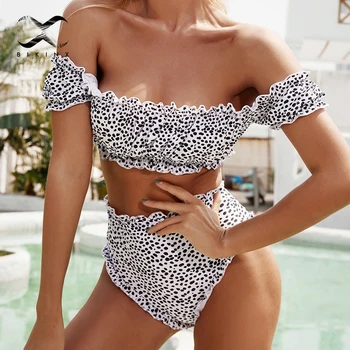 

Black white dot bikinis 2020 mujer biquinis Off shoulder sexy woman swimsuit separate Vintage high waist swimwear women bathers
