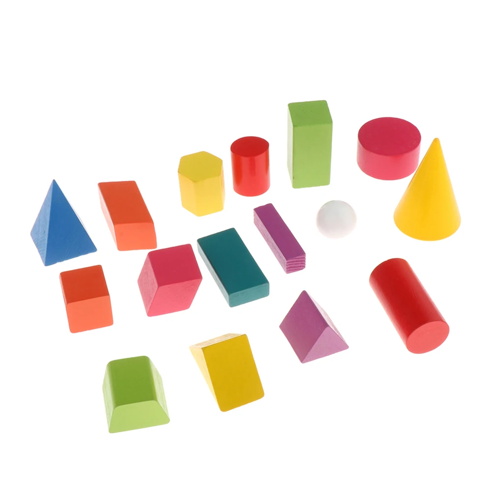 Colorful Wooden Geometric Solid Blocks (Set Of 16) For Kids Educational Toys