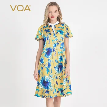 

Voa Satin 28mm Silk Printed Open Buckle Half-collar Lotus Sleeve Drawstring Waist A036 Elegant Party Dresses Dress Women