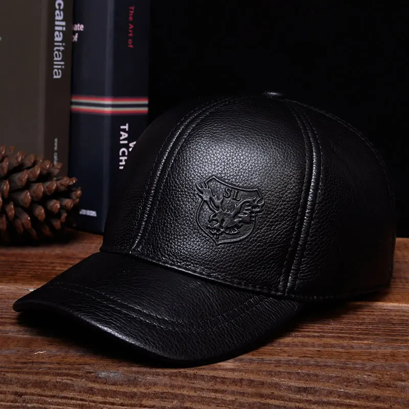 

HL125 2019 Brand new warm real cow leather caps hats Spring free shipping genuine leather baseball cap