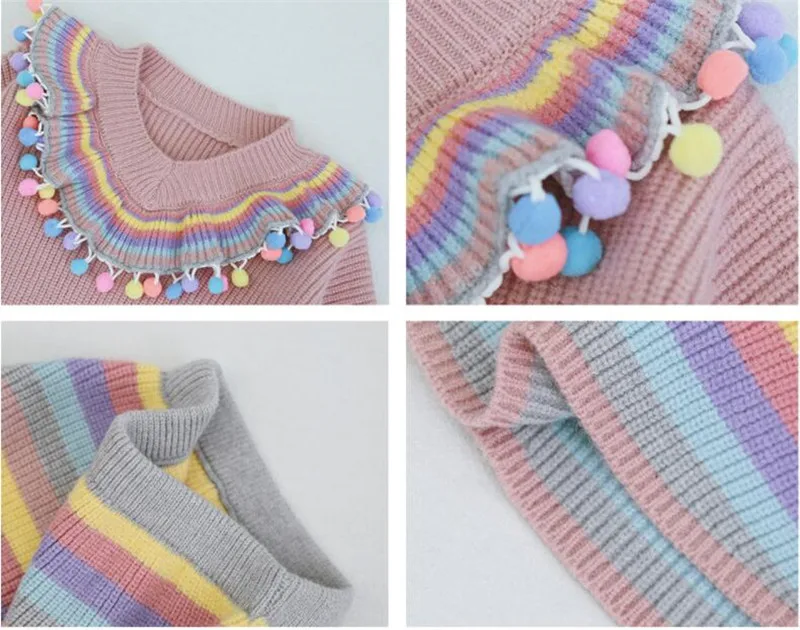 Knit комплекты трикотажной одежды для девочек; детский шерстяной свитер в полоску; платье-комбинезон; пуловер с кроличьими волосами; комплект одежды для детей