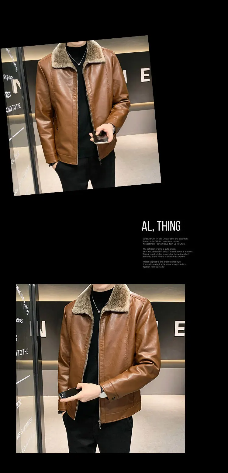 Autumn  winter men's fleece faux leather coat high-quality warmth thickening fashion fur collar men's motorcycle leather jacket sheep leather jacket