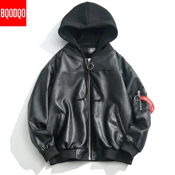 

PU Mens Leather Jacket Men XL Hip Hop Winter Black Oversize Hooded Coat Loose Autumn Motorcycle Biker Design Causal Faux Jackets