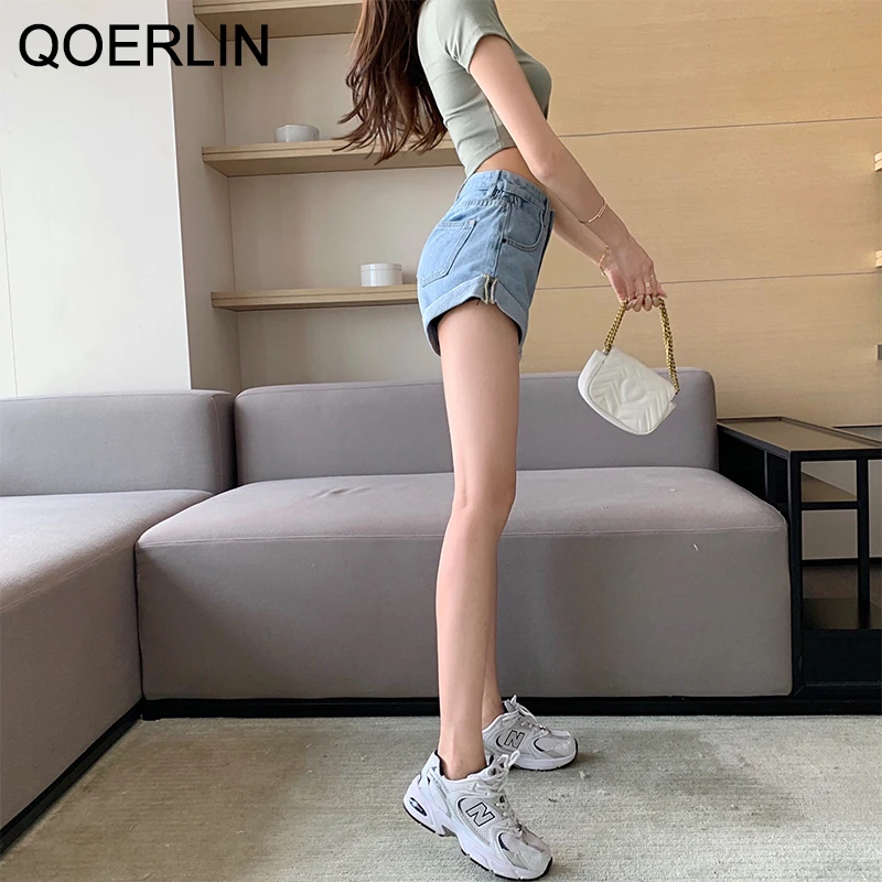 QOERLIN 11 Candy Colors New Summer Women High Waist Button Wig Leg Jeans Shorts Casual Female Loose Fit Blue Denim Shorts Sexy