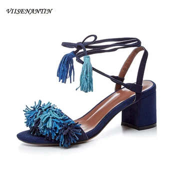 

Summer New Tassel Strap Bohemian Sandals Leather Open Toe All-match Thick Heel High Heel Fairy Style Sandals Ethnic High Heels