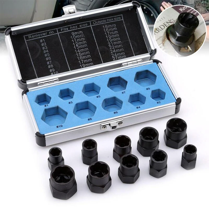 

Mayitr 10pcs 9-19mm Bolt And Nut Extractor Set Remover Damaged Rusted Socket Impact Wrench Tool Kit