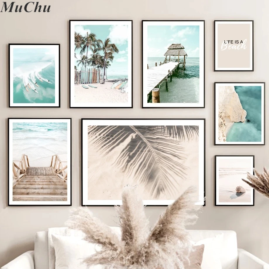 Coconut Palm Surfboard Sailboat Beach Shell Art Canvas Painting Nordic Posters And Prints Wall Pictures Living Room Home Decor | Дом и сад
