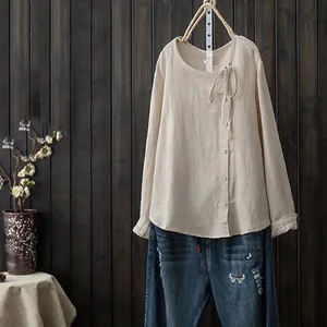 Women Blouse Casual Solid Bow Print Shirt Round Neck Button Blouse Women Tops blusas mujer de moda 2019 womens tops and blouses