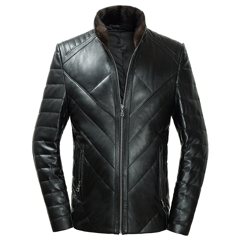 

Genuine Leather Jackets Mens Sheepskin Leather Coats Plus Size Men Real Mink Fur Collar Duck Down Jacket 18-1710 YY131