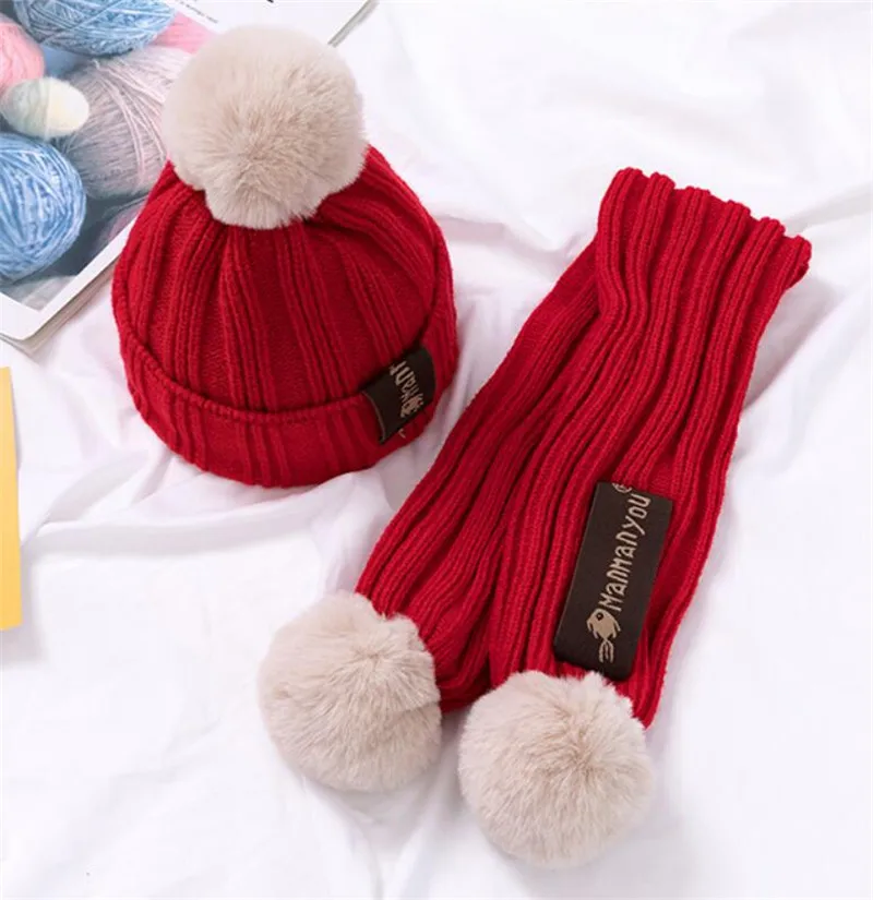 Red 2 Pcs Set Kids Winter Warm Hat And Scarf Child Ribbed Knitted Pom Pom Cap Scarves 2 Piece Set Baby Girl Boys Accessories 6-36 month - Цвет: Red 2 Pcs Set