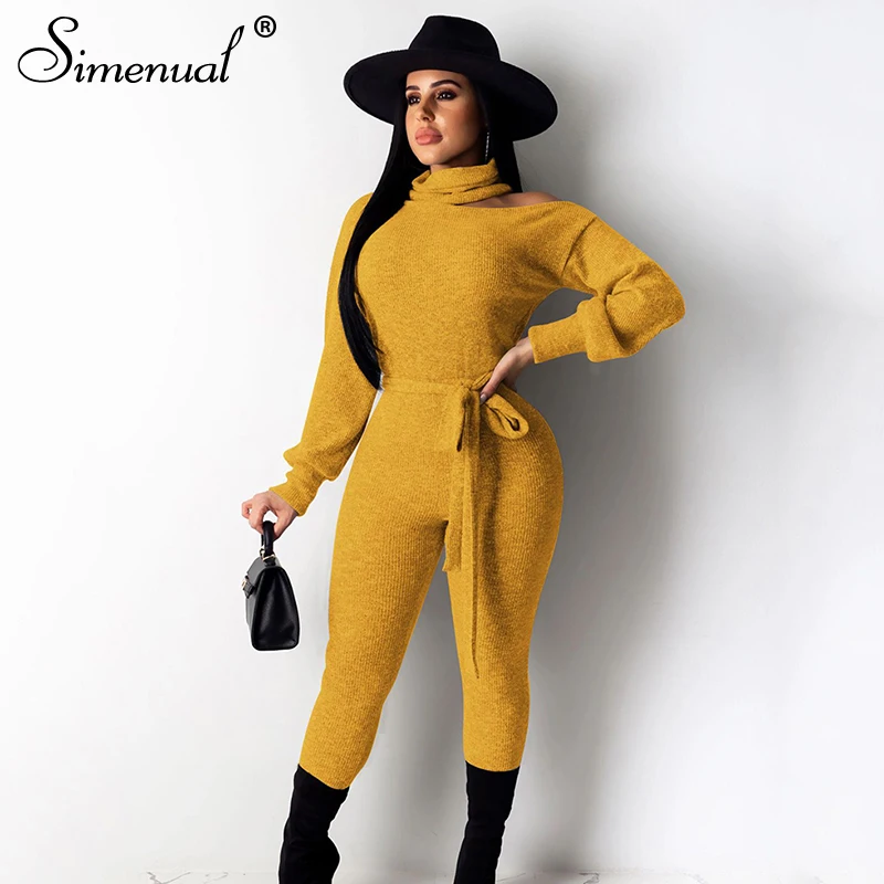 

Simenual Casual Turtleneck Ribbed Solid Women Jumpsuits Long Sleeve Fashion Sashes Romper One Piece Open Shoulder Slim Jumpsuit