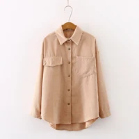 Nowych kobiet jednolita, sztruksowa rękaw w kształcie skrzydła nietoperza bluzka Vintage skręcić w dół kołnierz luźny Top zapinana różowa koszula Feminina Blusa T9D609T 2