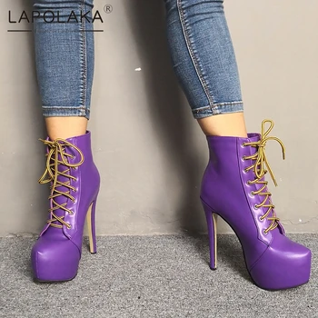 

Lapolaka New Fashion 2020 Plus Size 47 Super Thin High Heels Spring Autumn Boots Woman Shoes Platform Lace Up Ankle Boots