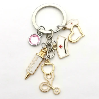 

2020 New Nurse Cap Medical Key Chain Golden Needle Syringe Stethoscope Thermometer Cute Keychain Jewelry Gift Caring Nurse Cap