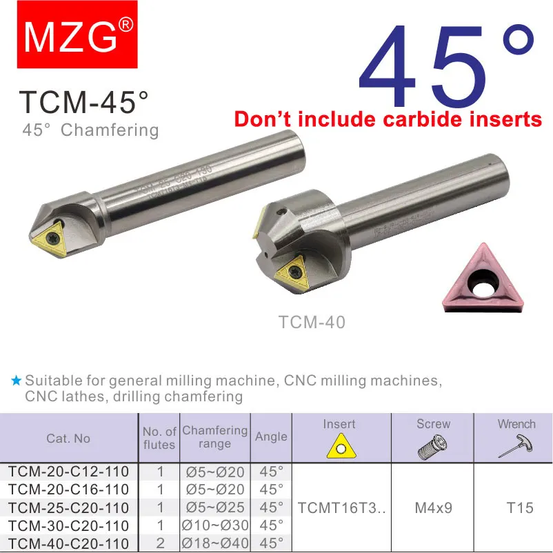 MZG TCM 45 Degree Chamfer CNC Lathe Tungsten Steel Milling Cutter 12 16 20 MM TCMT Carbide Inserts End Mill Chamfering Tools