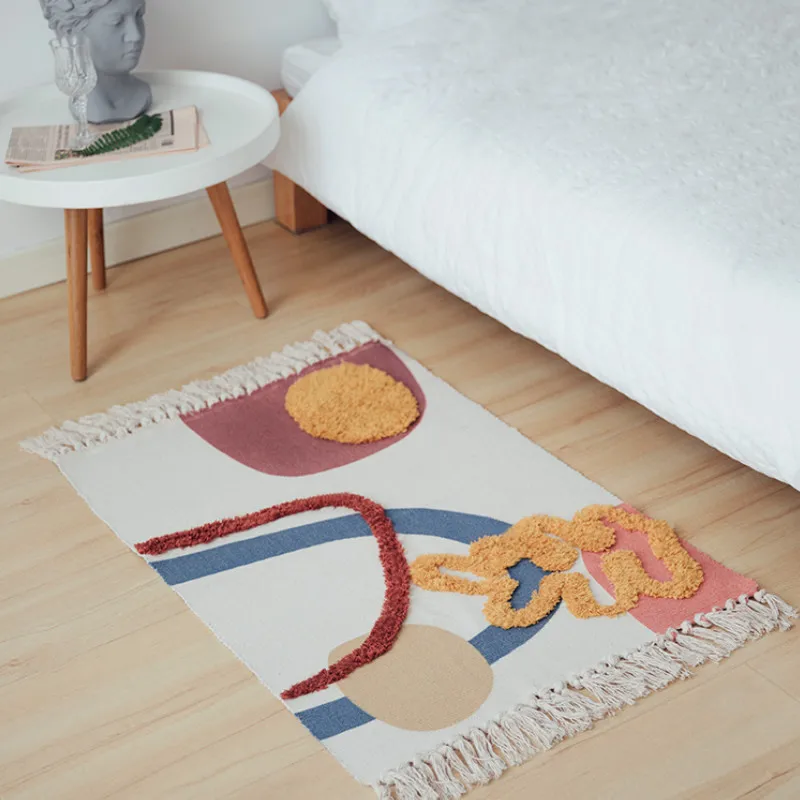 Cotton Thread Handmade Weave Modern Artstic Simple Geometric Tuftedl Carpet Kitchen Door Floor Bedding Mat Room Decorating