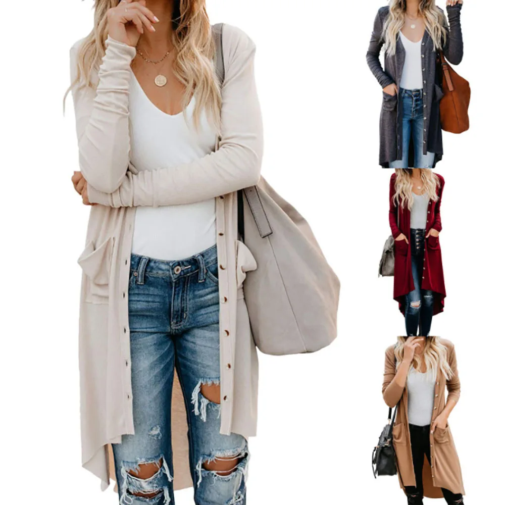 

8 Colour S-XXL autumn winter button Women Long Cardigan Loose Sweater Long Sleeve Knitted Outwear Jacket Coat Top