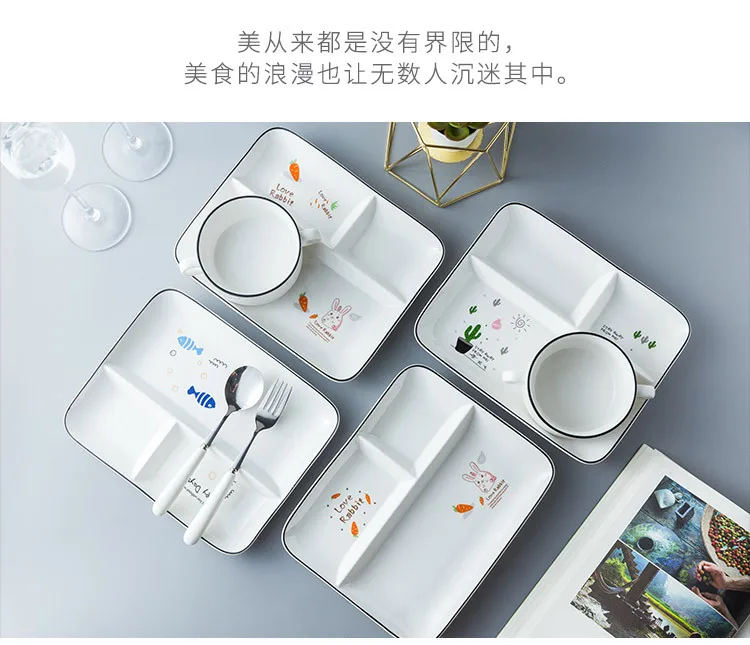 Students Eating Three-lattice Plate Children fen ge pan One Person Food Breakfast Tableware Restaurant Canteen Snack Plate Ceram