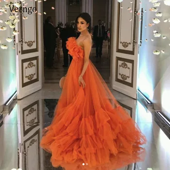 

Verngo Stunning A Line Orange Tulle Long Evening Dresses 2021 A Line Strapless Layers Neck Sheer Back Modern Prom Party Gowns