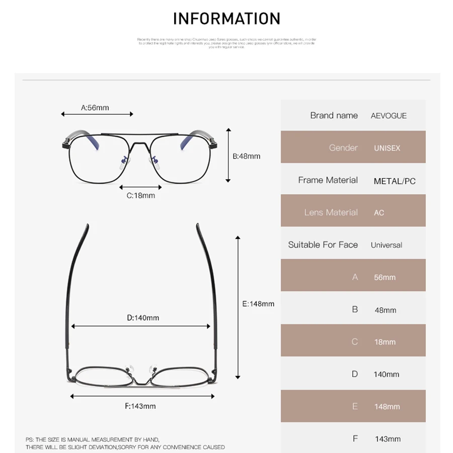AEVOGUE очки для мужчин двойной мост квадратный металлический Прозрачный близорукость рамки Рецептурные очки унисекс AE0740