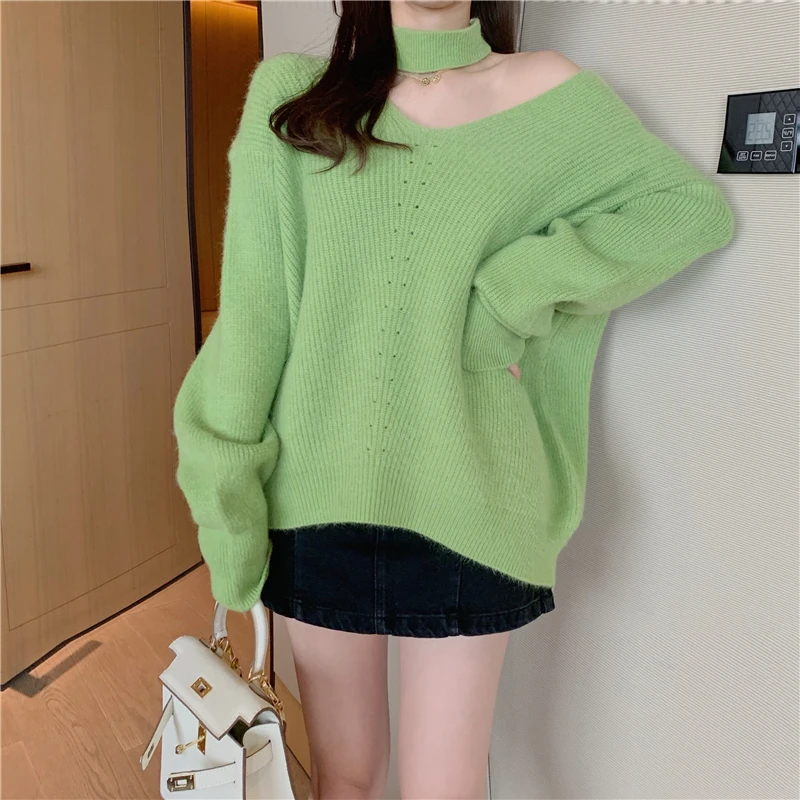 Women Sweater Autumn Winter New Women Loose Sweater Fashion Hanging Neck Strapless Sweater Oversized 4XL Knit Sweater Pullover