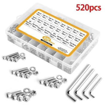 

520Pcs M3 M4 M5 M6 304Stainless Steel Hex Screw&Nuts Assortment Kit Box-packed High Quality Hardware Bolt + Nut + Washer Set