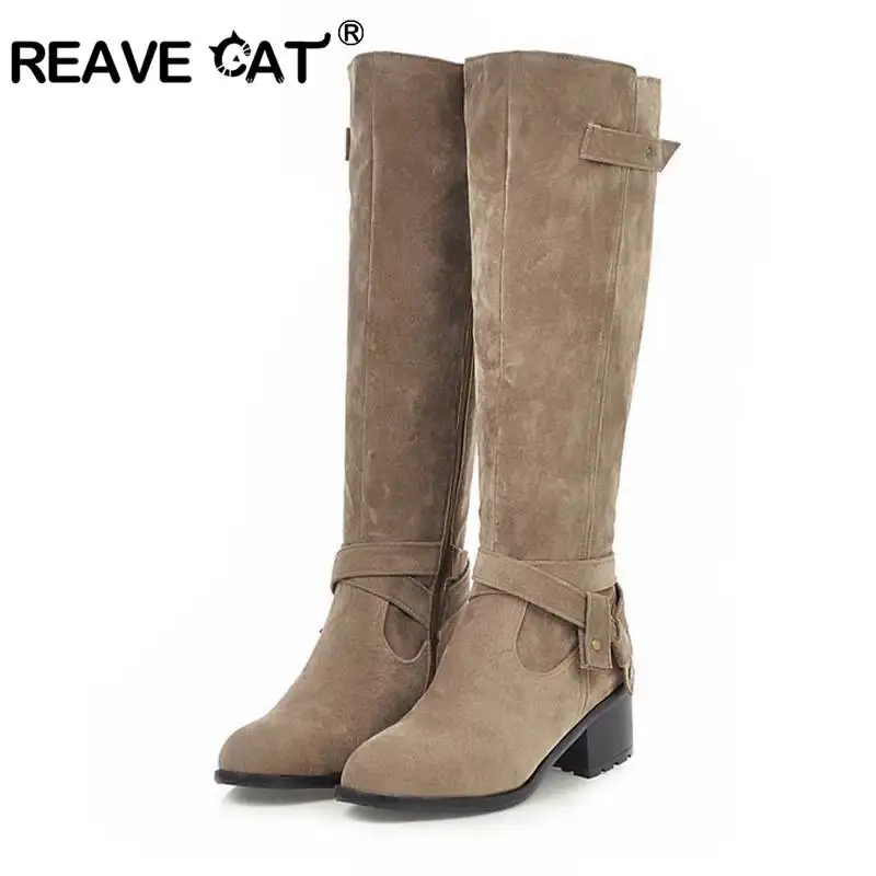 

REVAE CAT Women Knee Boots Pointed Toe Square Thick Heel Flock Zipper Bukle Faux suede Big size 34-43 Black Khaki Causal Autumn