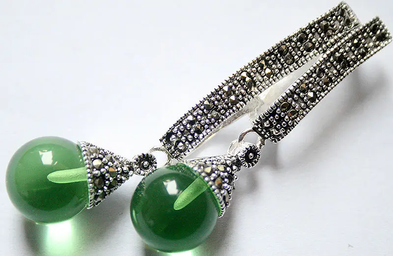 

12mm Two Round green Stone 925 Sterling Silver Marcasite Pendant 58*20mm