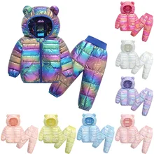

Winter Children's Snowsuit Kid's Down Coat And Pants Set New Baby Boys Girls Bright Thicken Warm Hooded Jacket Trousers 0-6Years