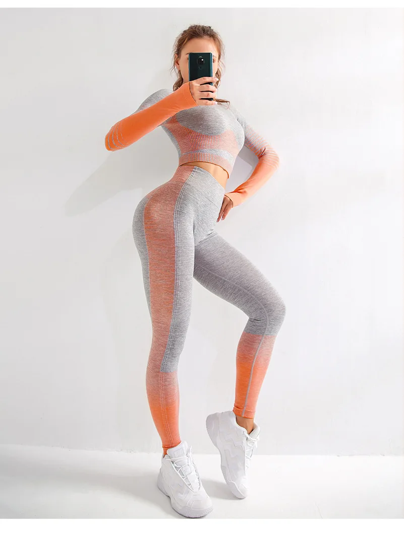 style A orange set Fanceey, спортивная одежда для женщин, одежда для спортзала, Женский бесшовный комплект для йоги, комплект для фитнеса с длинным рукавом, женский укороченный топ+ леггинсы с высокой талией - Цвет: style A orange set