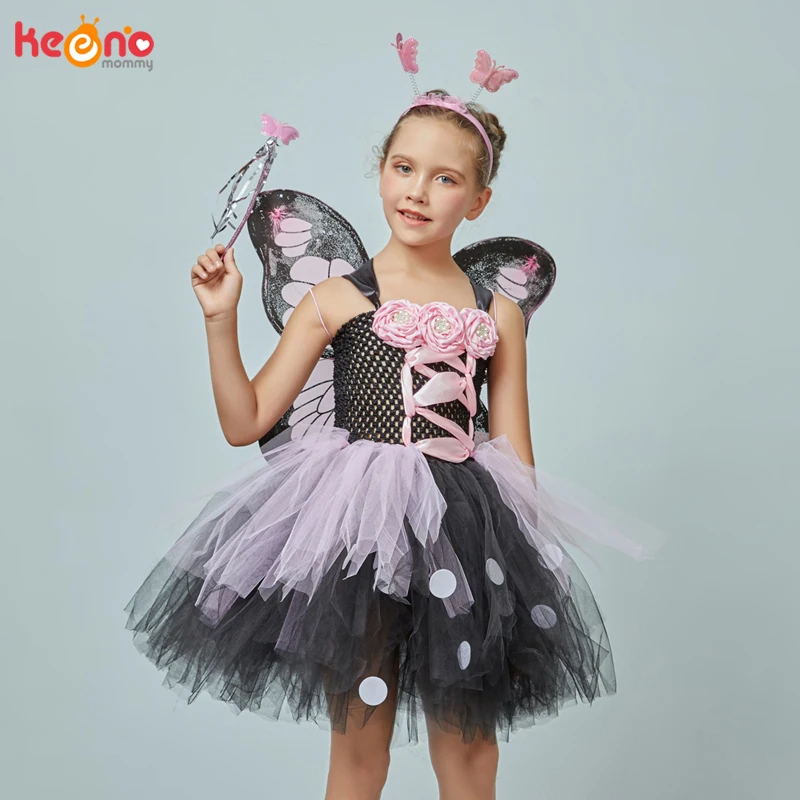 Pink and Black Monarch Butterfly Tutu Dress with Wings Girls Insect Bug Butterfly Halloween Costume Kids Birthday Tutu Outfit